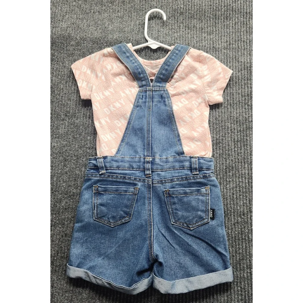 DKNY Overall Denim Jean Shorts with Pink "DKNY" logo top Girls Size 4 - Picture 3 of 15